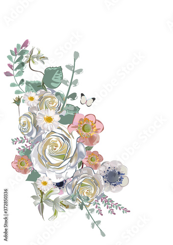 Series of greeting backgrounds with summer and spring flowers. Floral decorations with peonies, roses and dahlias. Vector illustration. 