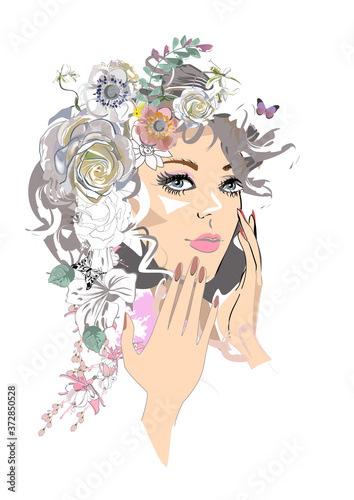 A beautiful girl's face with curly hair decorated with flowers and butterflies with her hands in lines. Vector illustration.