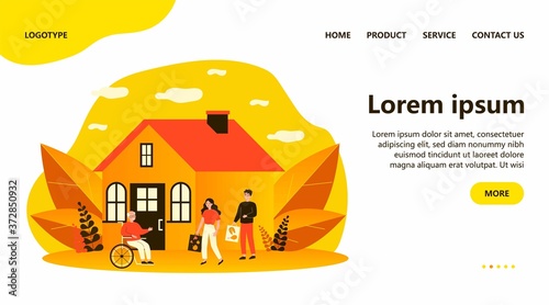 Grandchildren visiting grandpa. Volunteers delivering food to senior disabled person flat vector illustration. Family, handicapped people support concept for banner, website design or landing web page