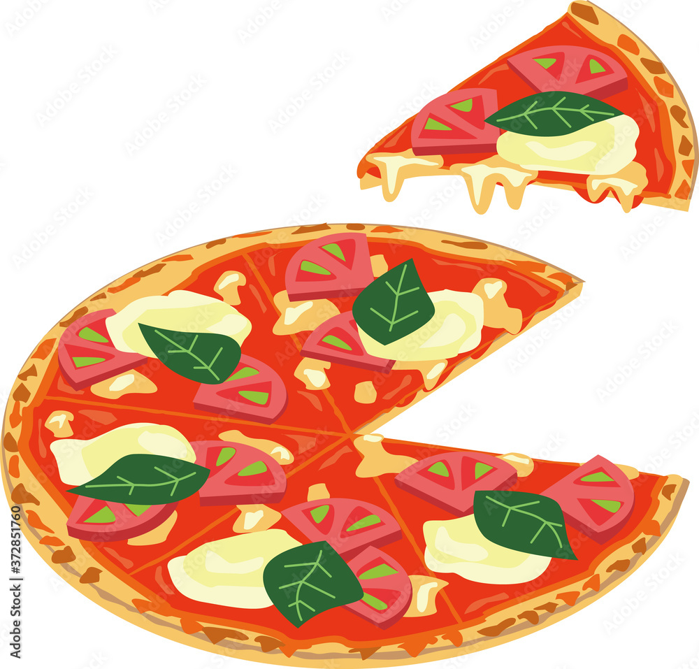 チーズとバジルとトマトのマルゲリータピザを食べる所のイラスト Stock Vektorgrafik Adobe Stock