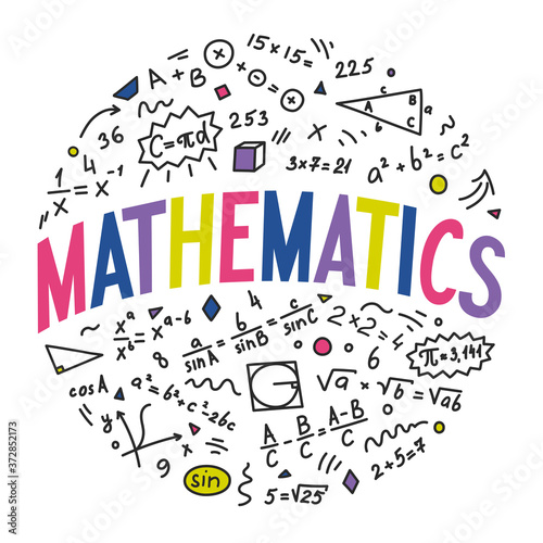 Mathematics. School subjects. Maths doodle with hand drawn lettering isolated on white background.  photo