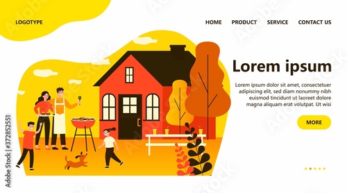 Happy family doing barbecue at garden flat vector illustration. Mother and father cooking outdoor near house. Kids playing with dog at backyard. BBQ party and weekend concept