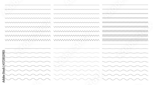 Vector collection of different thin wide and wavy narrow line. Set of horizontal wavy - curvy and zig zag - criss cross. Graphic design elements