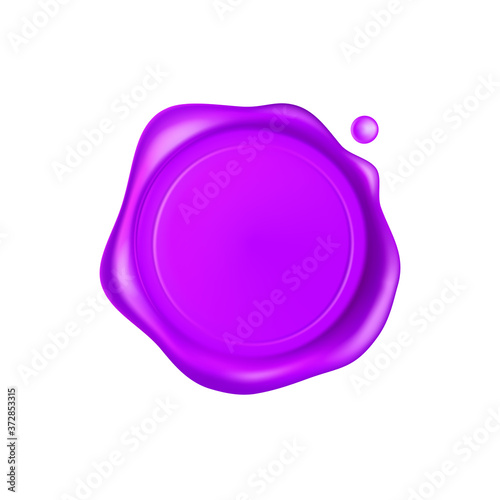 Purple wax seal. Wax seal stamp isolated on white background. Realistic guaranteed purple stamp. Realistic 3d vector illustration