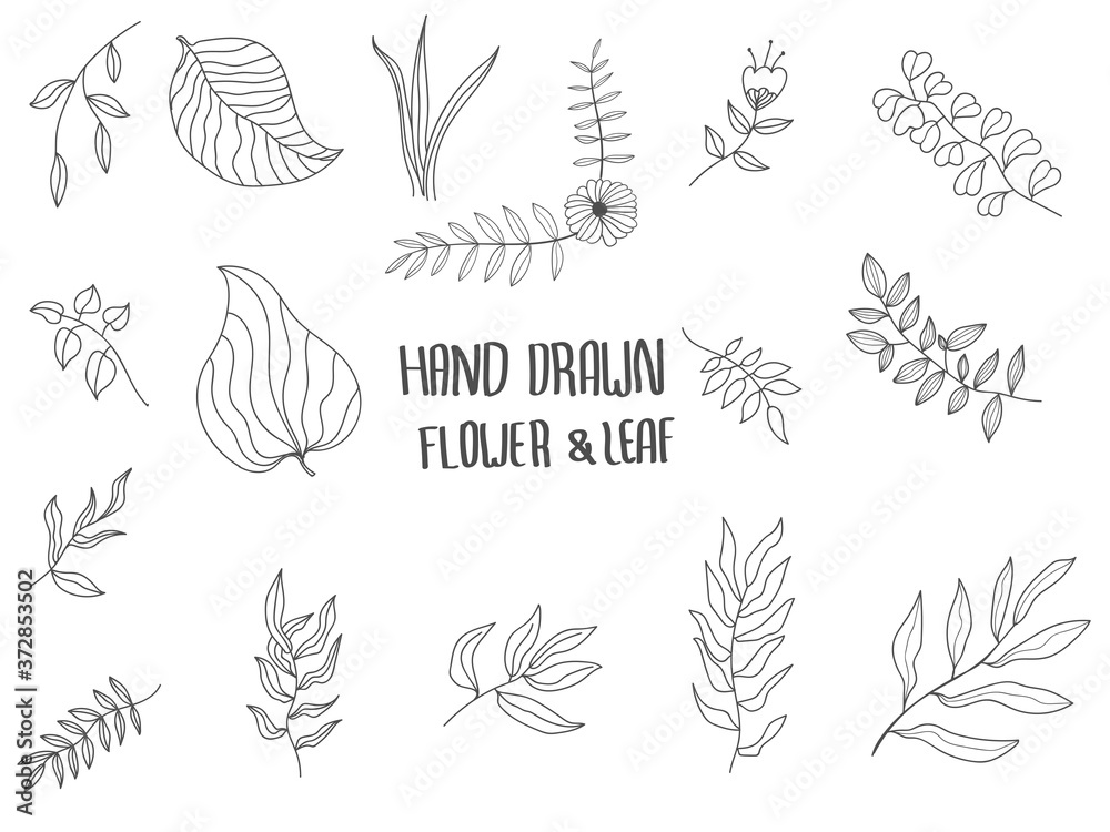 set of simple doodles of flowers leaves hand drawing vector