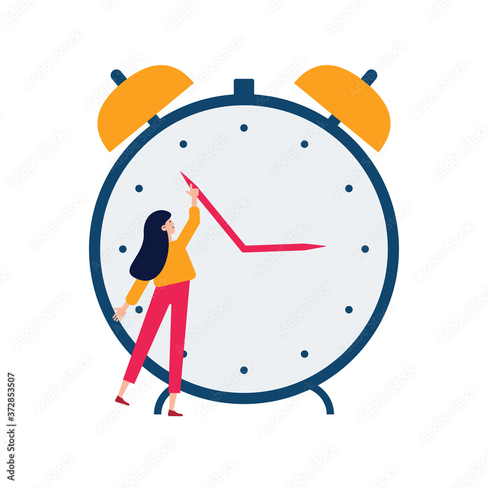 Daylight saving time concept. Young woman turn the hand of the clock. Turning to winter or summer time, alarm clock vector illustration. Character in modern flat art style for your small people design - obrazy, fototapety, plakaty 