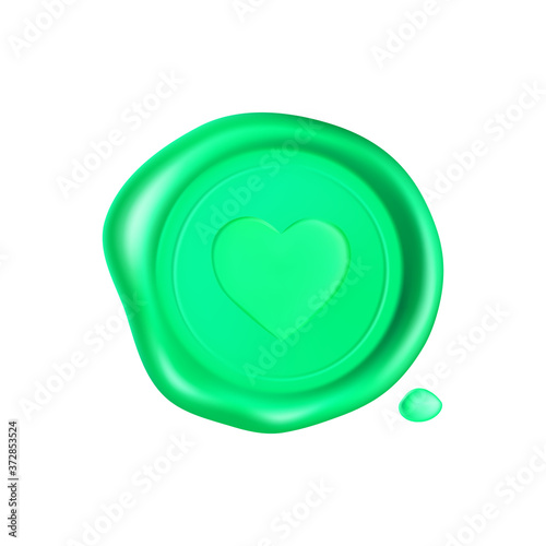 Green wax seal with heart. Wax seal stamp isolated on white background. Realistic guaranteed green stamp. Realistic 3d vector illustration