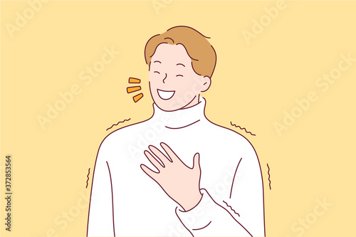 Emotion, happiness, face, laughter, joy, fun concept. Young cheerful smiling happy man guy teenager character laughing hard out loud because funny crazy joke. Positive facial expression illustration.