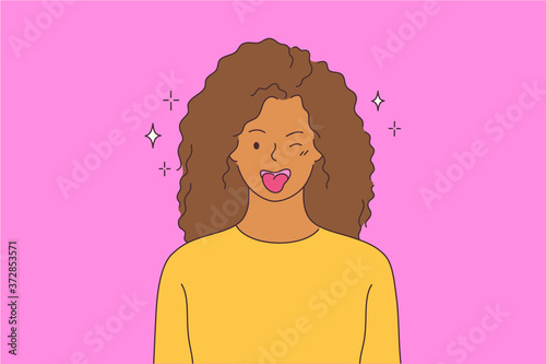 Emotion, fun, joy, face concept. Young hilarious joyful happy african american woman or girl teenager character teasing winking showing tongue out of mouth. Positive facial expression illustration.