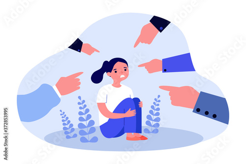 Stressed victim of bullying. Hands of people blaming and pointing at upset girl flat vector illustration. Accusation, anger, violence concept for banner, website design or landing web page