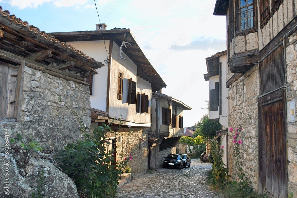 Old cobbled street with traditional Ottoman houses. Safranbolu Turkey. UNESCO World Heritage site.