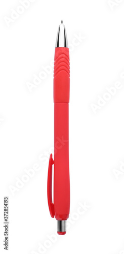 Canvas Print Red retractable pen isolated on white.  School stationery