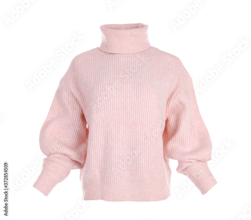 Stylish warm pink sweater isolated on white