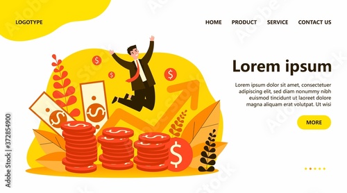 Happy banker jumping over coins flat vector illustration. Cartoon rich businessman celebrating finance growth. Market and income chart concept