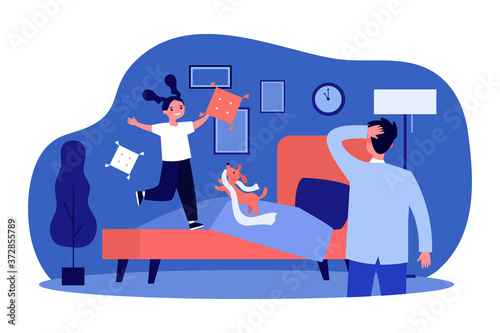 Dad watching little daughter and pet having fun in bedroom. Happy kid and dog jumping on bed flat vector illustration. Childhood, bedtime concept for banner, website design or landing web page