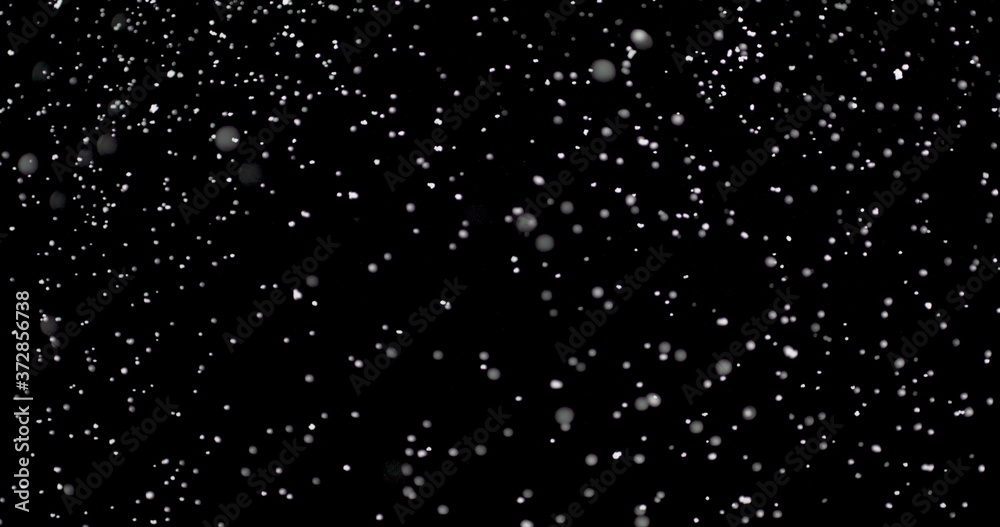 Blizzard of snow at night. It shows the white flakes moving fast on the isolated black background.