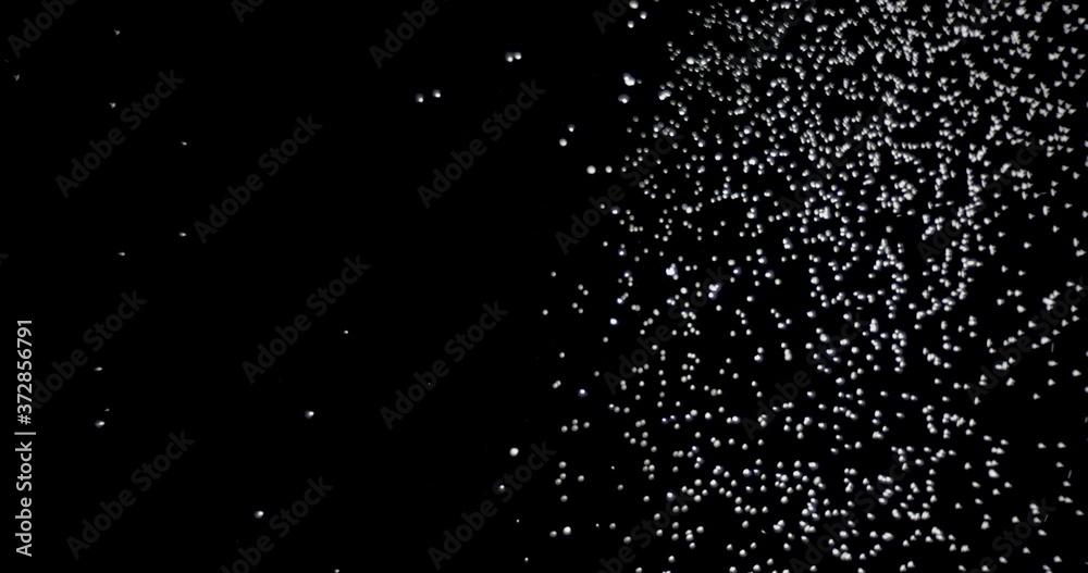 Several snow particles falling down over a black background