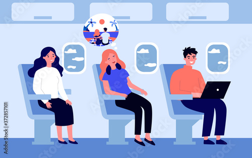 Airplane passengers during flight. People sleeping or using laptop on plane seats flat vector illustration. Travel, trip, vacation, transport concept for banner, website design or landing web page