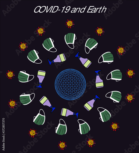 Planet Earth with a medical mask and disinfectant solution. Conceptual illustration, Planet Earth KOVID19, flat style, isolated on a dark background. Earth with a medical mask. Vector illustration
