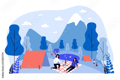 Picnic and camping outdoors. Women sitting on plaid near tent, eating and drinking wine flat vector illustration. Vacation, nature concept for banner, website design or landing web page