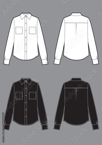 Long sleeve white and black shirts, fashion flat sketch template