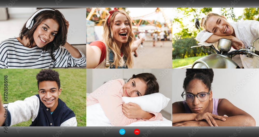 Screenshot of happy multinational people making online conference call Screenshot of happy multinational people making online conference call