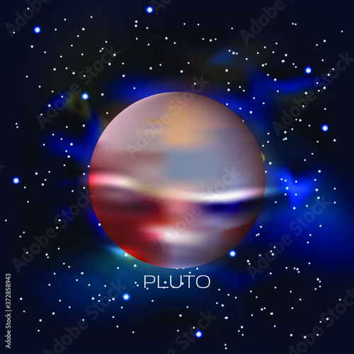 Planet Pluto. Against the background of outer space with stars and cosmic dust. Vector illustration