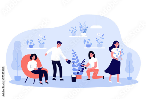 People growing plants in pots for home garden. Group of friends taking care about houseplants in greenhouse. For plant shop, botanical hobby, growth concept