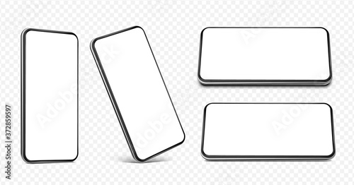 Smartphone frameless blank screen set - perspective view, standing on the corner, horizontal view standing on edge and lying flat  - isolated on transparent white background vector eps 10