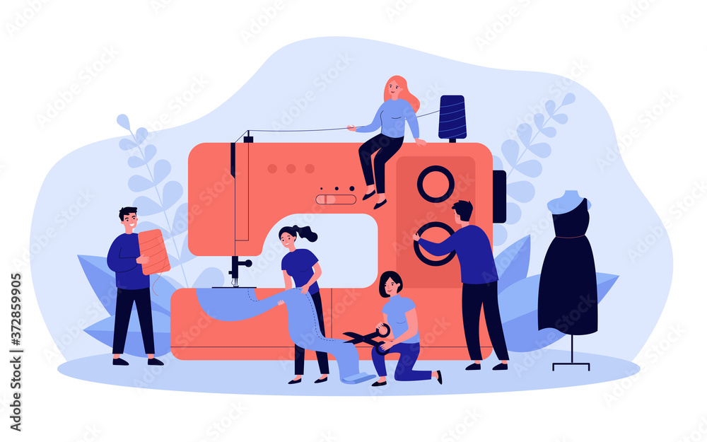 Team of tailors concept. People sewing on big machine together, cutting fabric, snipping out piece of cloth, setting thread. For fashion design, business, industry, creative atelier and craft topics