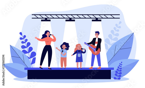 Family talent show. Woman and children singing with mic, man playing guitar on stage flat vector illustration. Musical performance, entertainment concept for banner, website design or landing web page