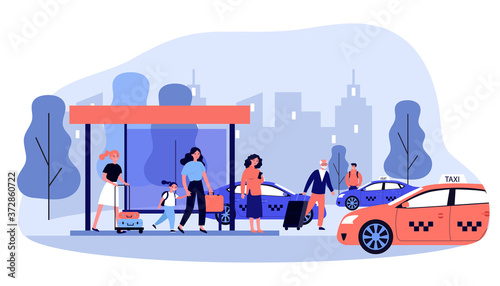 Tourists with luggage waiting for taxi. Passengers with baggage, arrival, cabs flat vector illustration. Transport, transportation, travel concept for banner, website design or landing web page