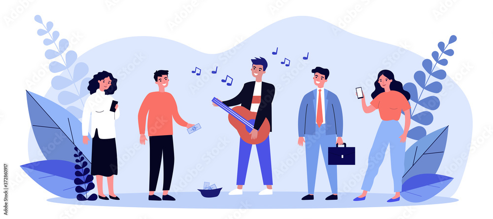 Street musician playing guitar. Busker, performer, people listening to music flat vector illustration. Musical performance, entertainment concept for banner, website design or landing web page