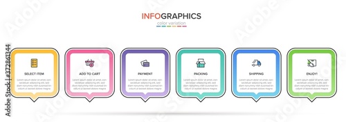 Concept of shopping process with 6 successive steps. Six colorful graphic elements. Timeline design for brochure, presentation, web site. Infographic design layout.