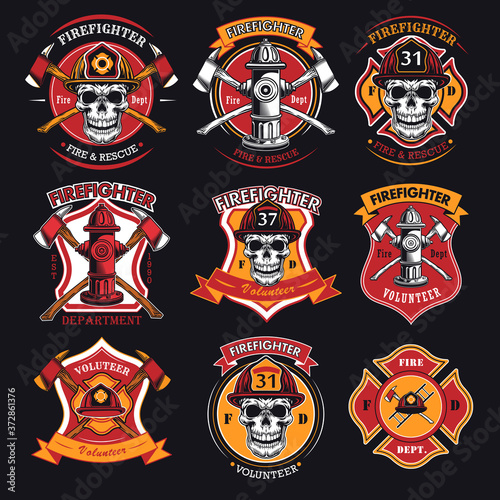 Firefighter patches set. Badges with skulls in helmets, axes, hydrant, red heraldry with ribbons. Vector illustrations collection for firemen, fire department, rescue concept