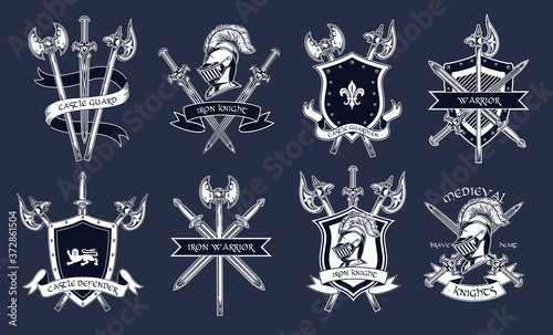 Medieval knights accessories set. Armors, swords, helmets, shields, axes illustrations isolated on dark blue background. For military, fight, or sport team label templates