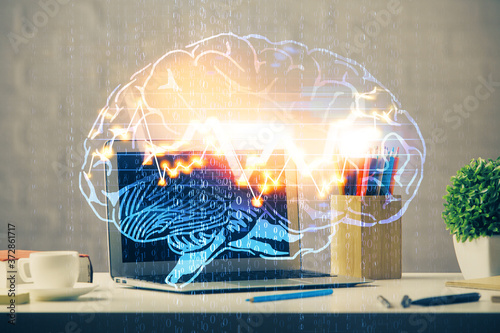 Double exposure of desktop computer and human brain drawing hologram. Ai concept.