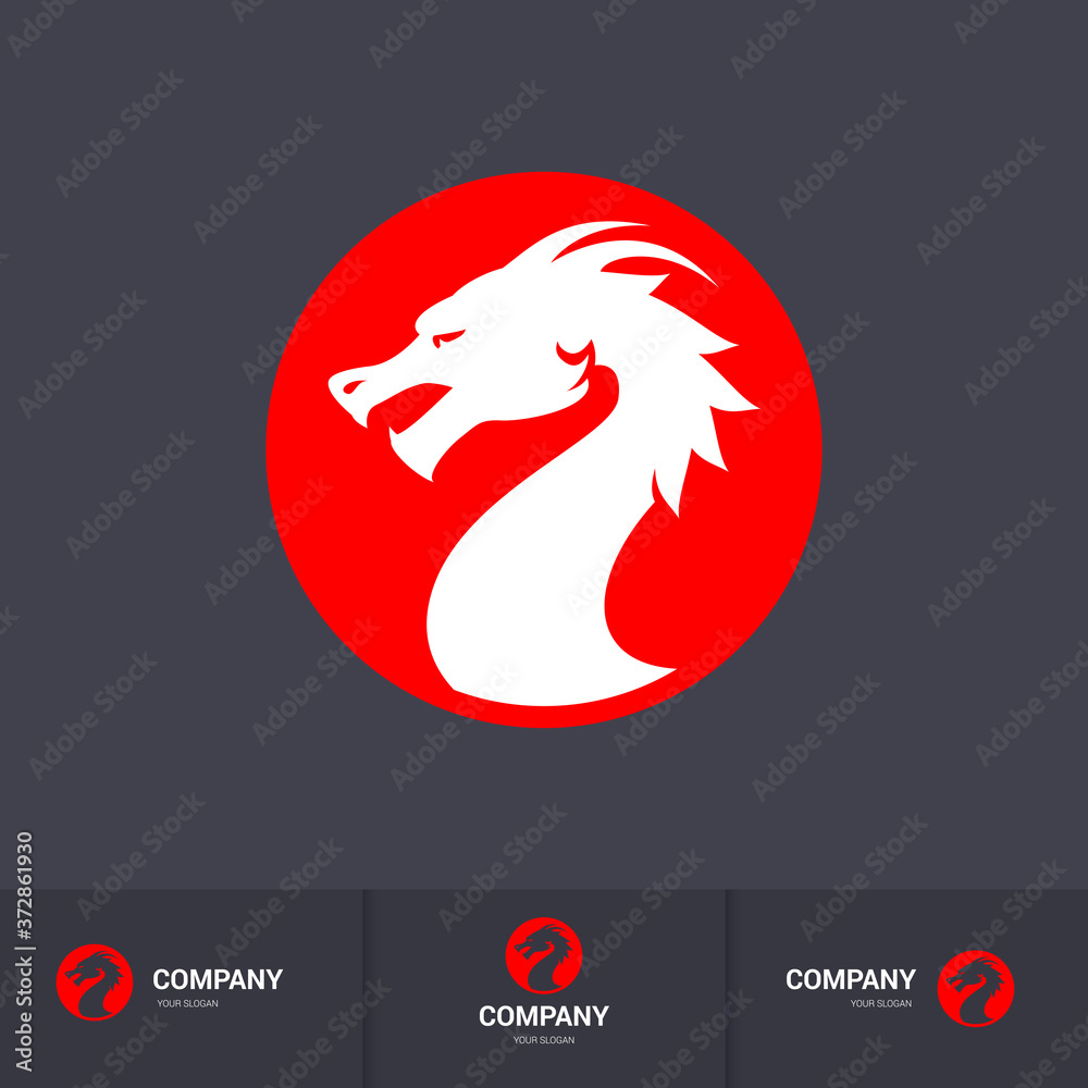 Dragon Head in Red Circle. Logos Design Concepts, for Your Brand Identity in Dark-Gray and White Color Template Dragon Head in Red Circle. Logos Design Concepts, for Your Brand Identity in Dark-Gray and White Color Template