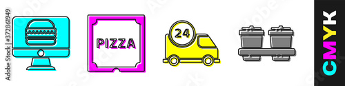 Set Online ordering and delivery, Pizza in cardboard box, Fast delivery by car and Coffee cup to go icon. Vector.