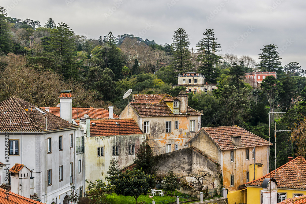 Aerial view of the historic part of Sintra, Portugal. Sintra is a municipality in the Grande Lisboa sub region, delightful Portuguese town that has an abundance of wonderful tourist attractions.