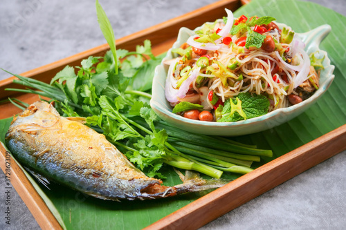 Traditional thai cuisine Rice Vermicelli, Fried Mackerel Spicy Salad