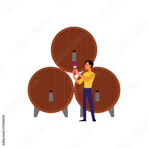 Cartoon man pouring drink from wooden wine barrel keg