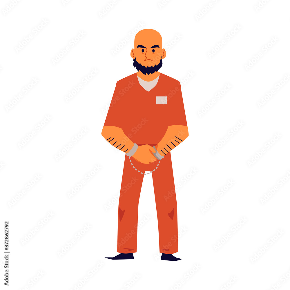 Angry criminal man in orange prison uniform and handcuffs