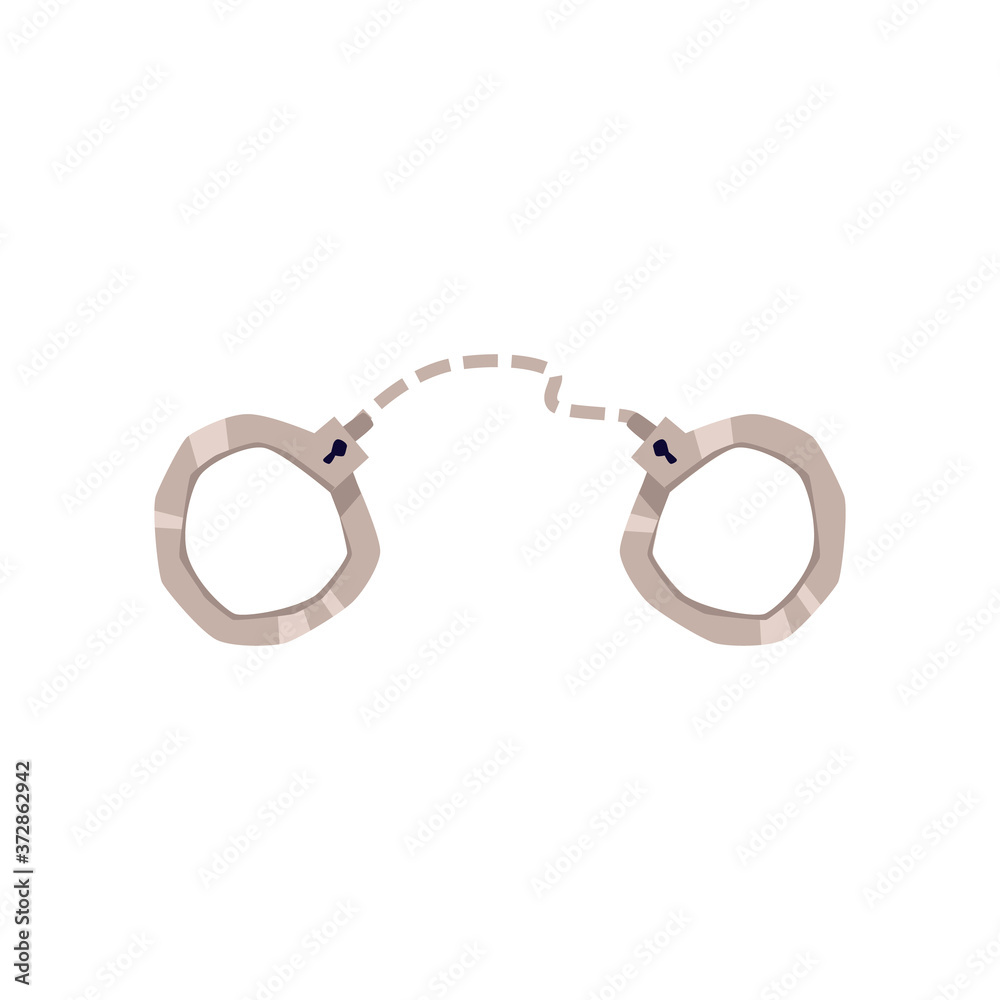 Cartoon metal handcuffs - isolated locked pair of closed steel bracelets on chain Cartoon metal handcuffs - isolated locked pair of closed steel bracelets on chain