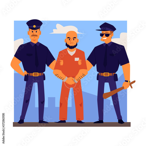 Police officers characters arrest or escort criminal flat vector illustration.