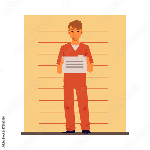Male prisoner cartoon character near wall, flat vector illustration isolated.