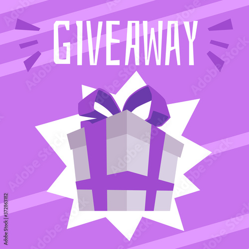 Giveaway announcement poster - big purple gift box with ribbon bow and text