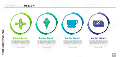 Set Kayak or canoe, Ice cream in waffle cone, Coffee cup and Airline ticket. Business infographic template. Vector.