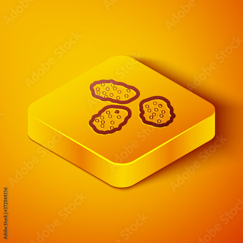 Isometric line Chicken nuggets icon isolated on orange background. Yellow square button. Vector Illustration.