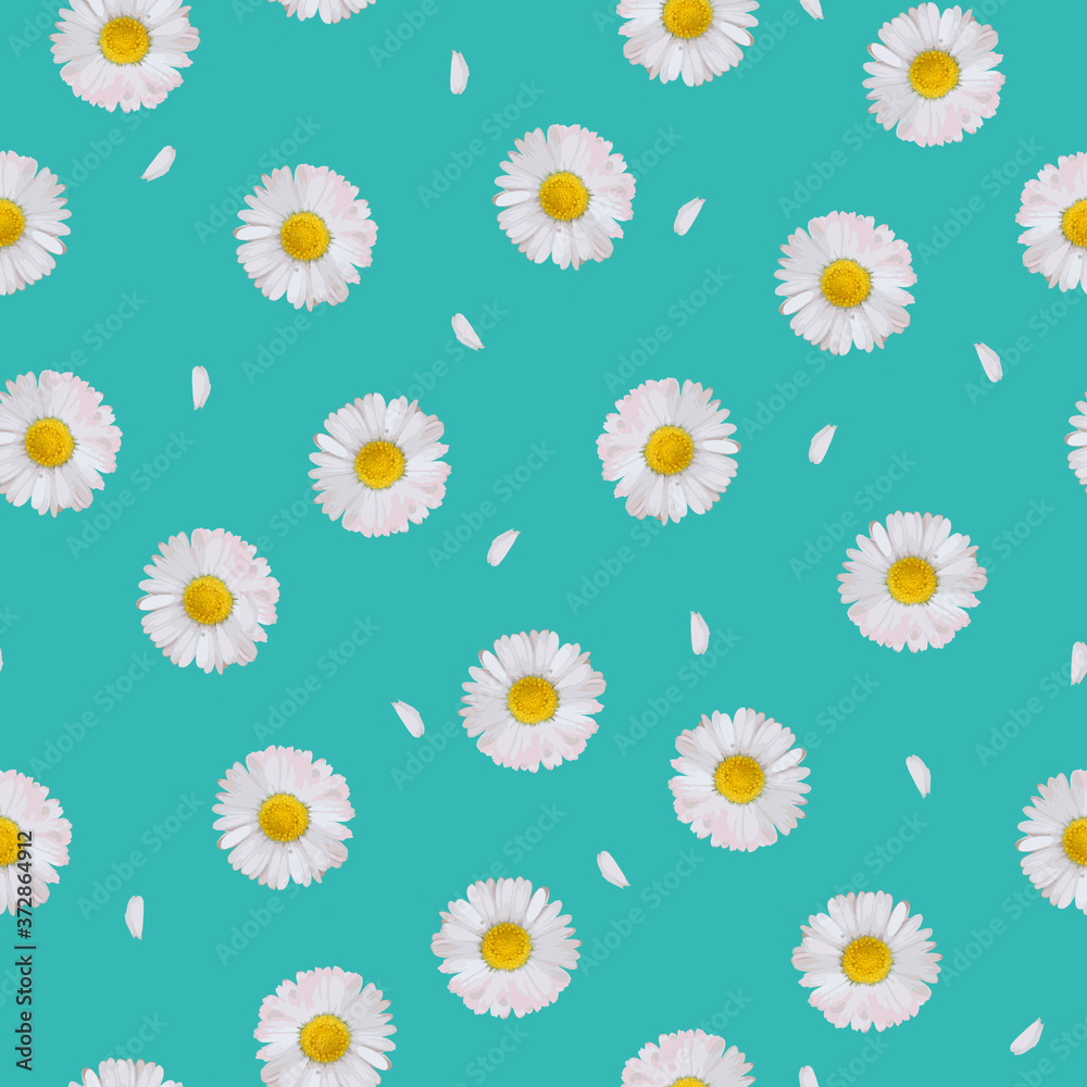 Ditsy seamless pattern daisies with petals on blue background. Great for spring and summer wallpaper, backgrounds, invitations, packaging design projects textile.